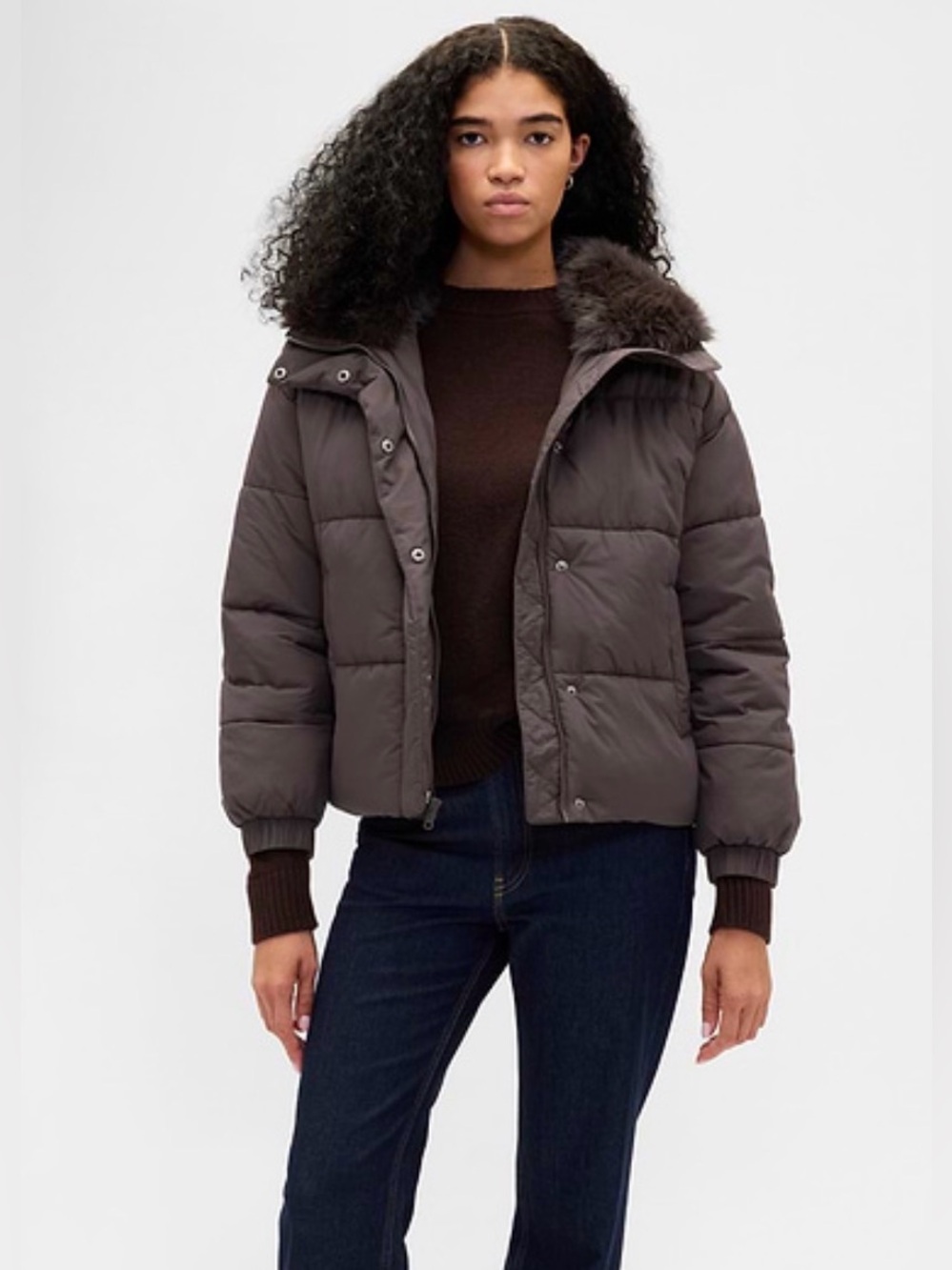 Gap Faux Fur-Trim Puffer Jacket Terra Brown XS